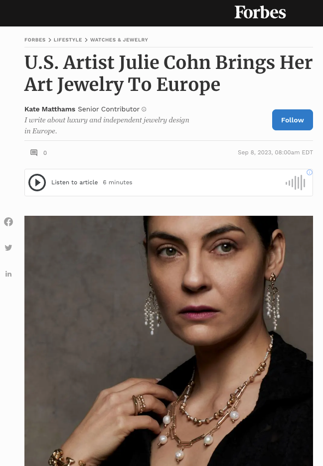 FORBES.COM - U.S. Artist Julie Cohn Brings Her Art Jewelry To Europe