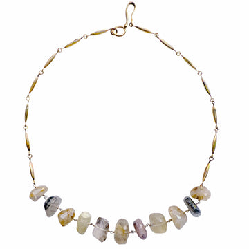 GRAIN RUTILATED QUARTZ AND AMETHYST NECKLACE GRAIN RUTILATED QUARTZ AND AMETHYST NECKLACE Julie Cohn Design Artisan Bronze Jewelry Handmade