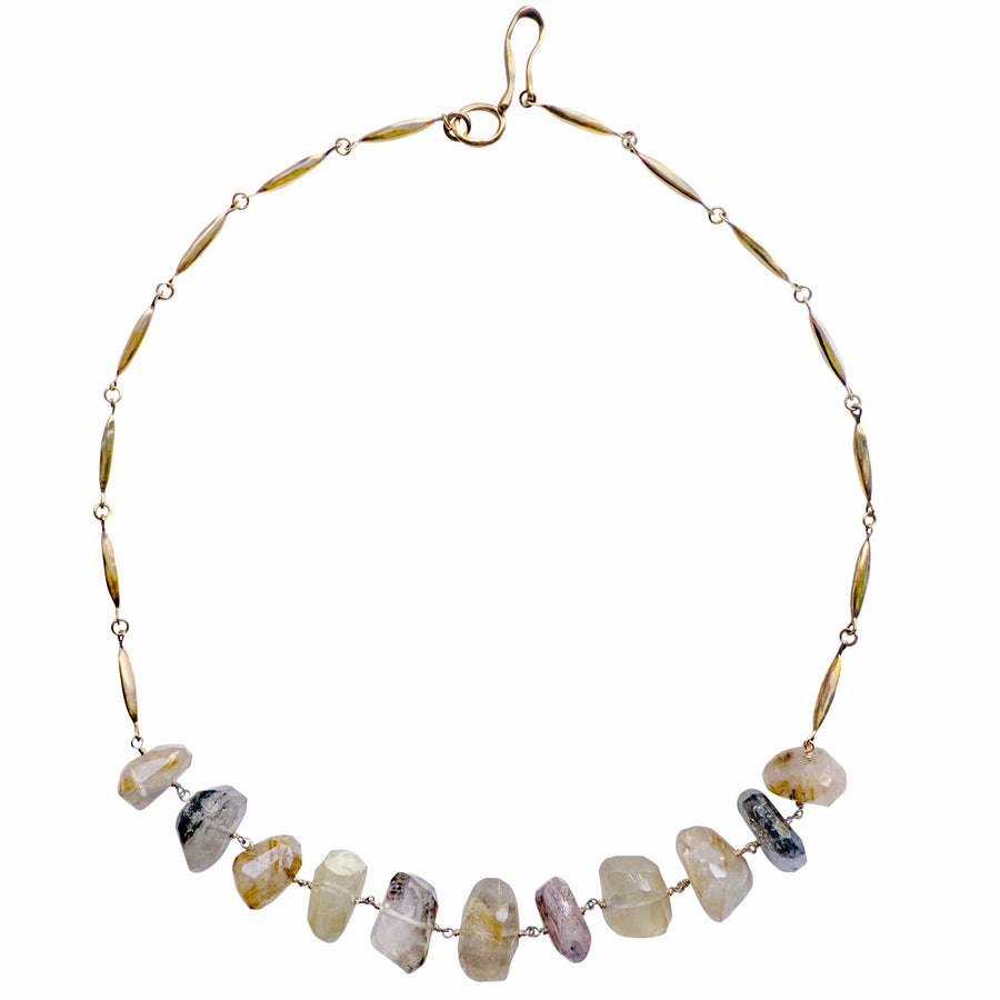 GRAIN RUTILATED QUARTZ AND AMETHYST NECKLACE GRAIN RUTILATED QUARTZ AND AMETHYST NECKLACE Julie Cohn Design Artisan Bronze Jewelry Handmade