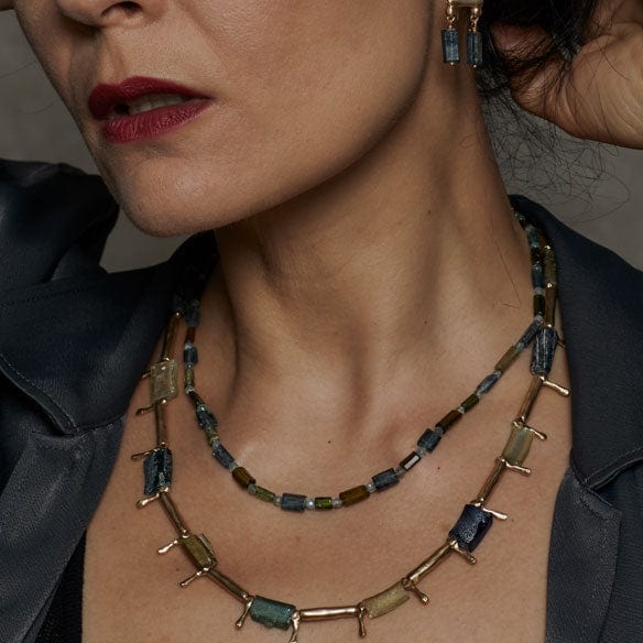 NECKLACE SARNO TOURMALINE, KYANITE BRONZE NECKLACE JCN558 Julie Cohn Design Artisan Bronze Jewelry Handmade