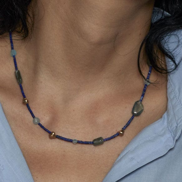 NECKLACE PO LAPIS, AQUAMARINE BRONZE NECKLACE JCN559 Julie Cohn Design Artisan Bronze Jewelry Handmade